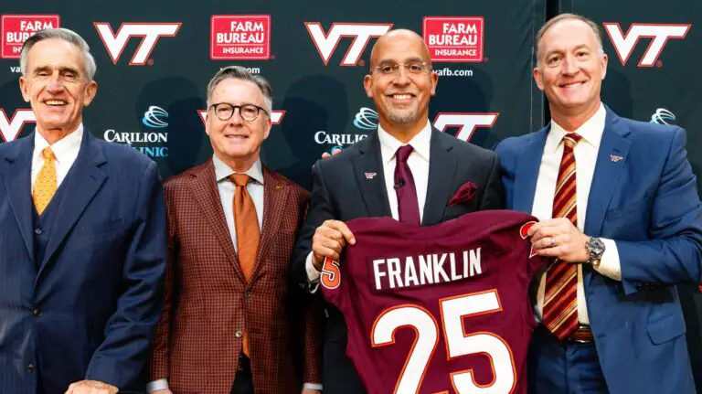 James Franklin at his Virginia Tech introductory press conference. Photo via Virginia Tech Football on X.