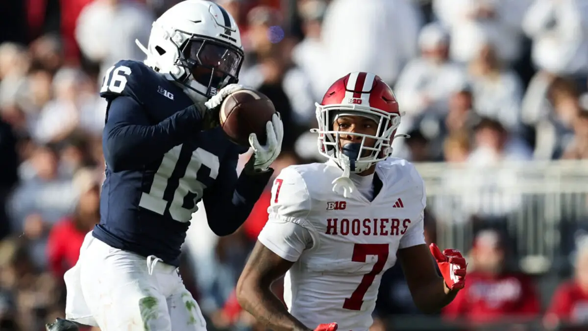 Penn State Safety King Mack pulls down an interception against Indiana.